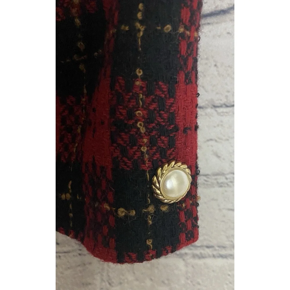 Talbots Petite Vintage Wool Red‎ Black Plaid Blazer Pearl Buttons 14 Clueless
